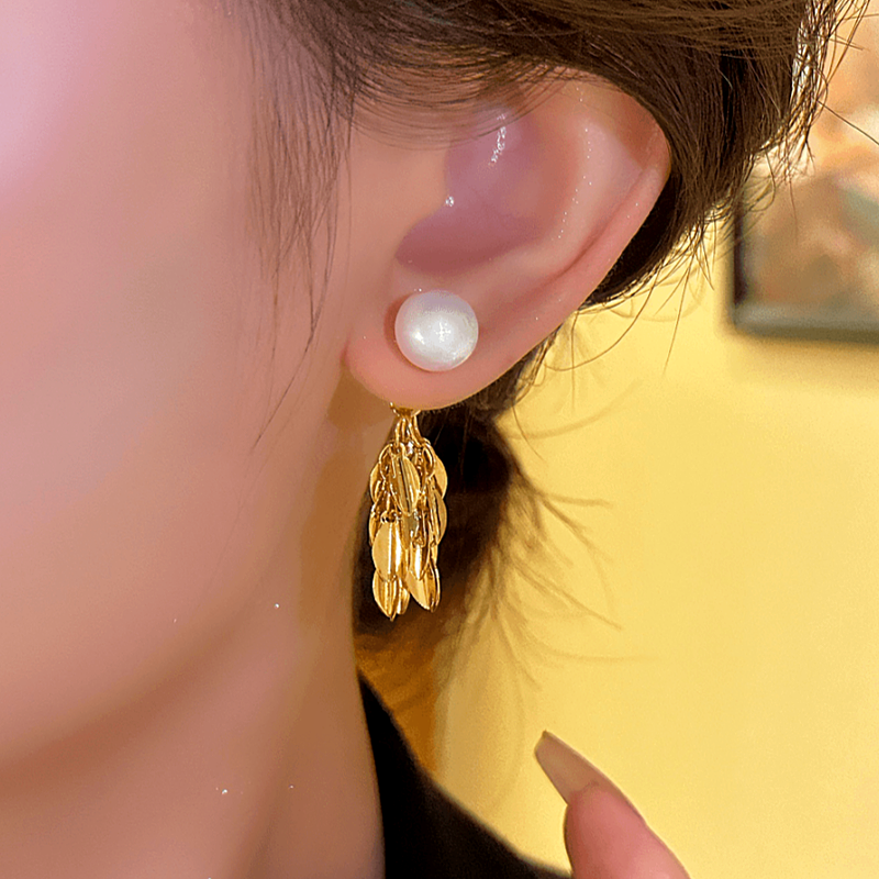 14K Gold-plated Pearl Leaf Tassel Earrings