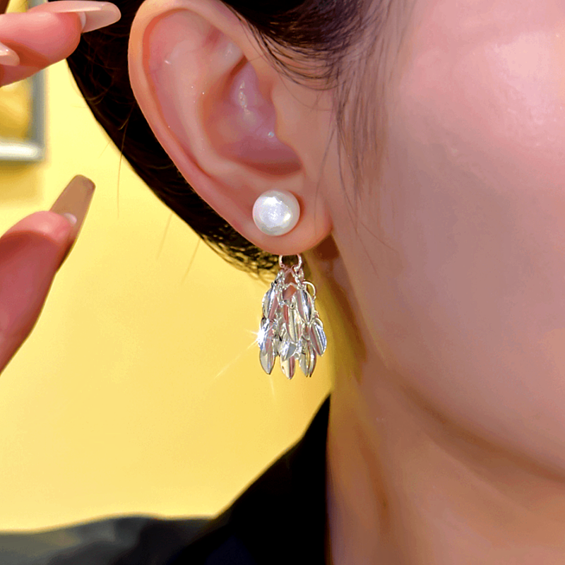 14K Gold-plated Pearl Leaf Tassel Earrings