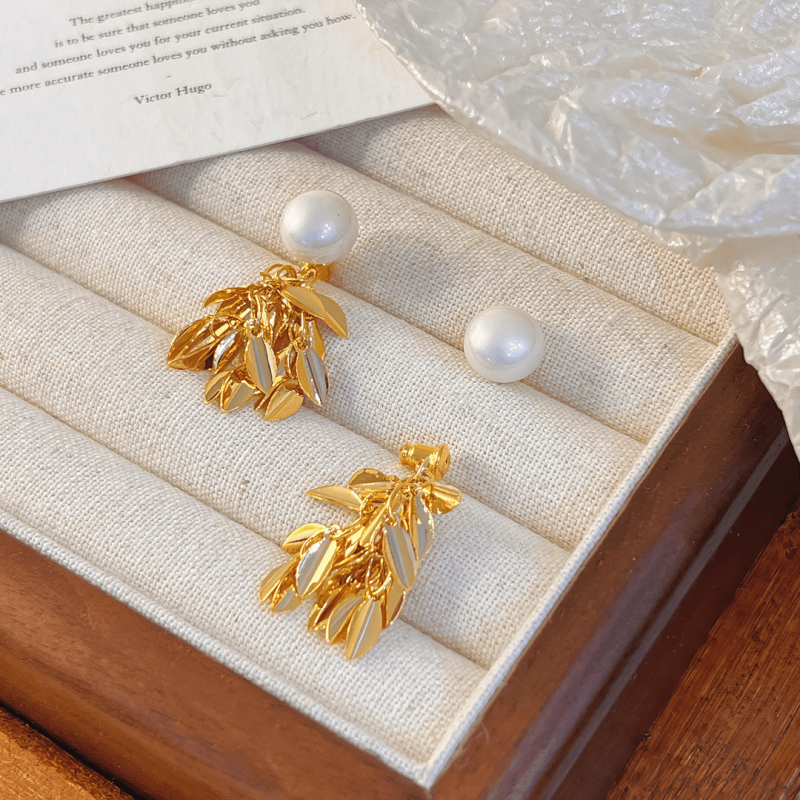 14K Gold-plated Pearl Leaf Tassel Earrings