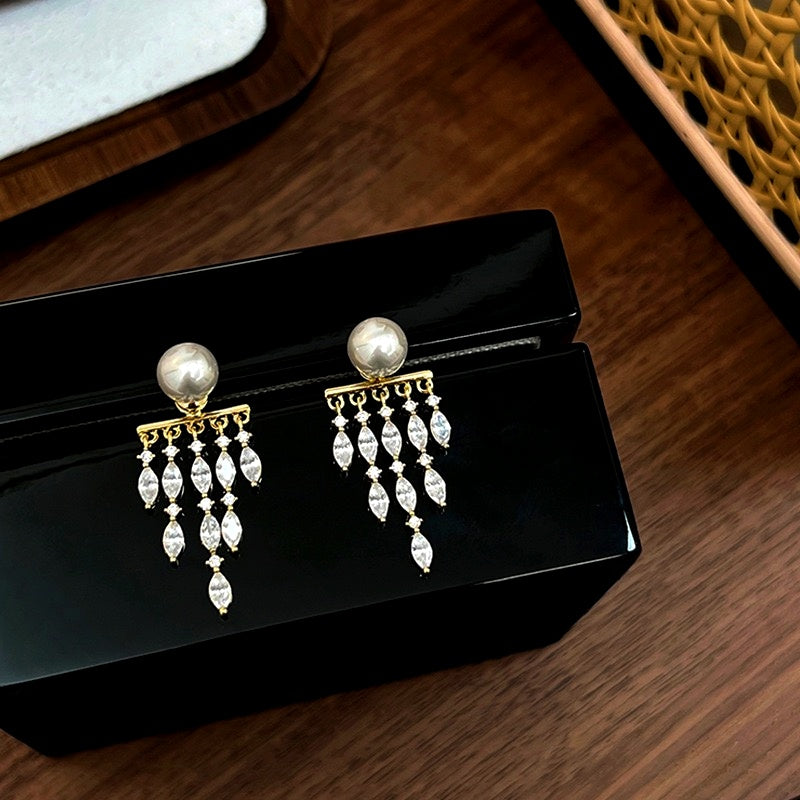 14K Gold-plated Pearl Zircon Tassel Earrings