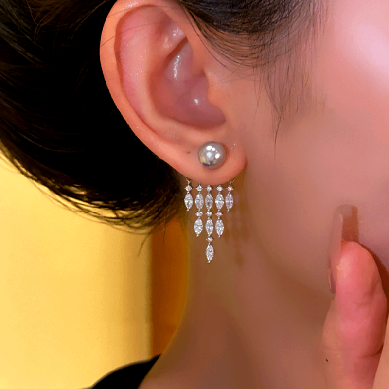 14K Gold-plated Pearl Zircon Tassel Earrings