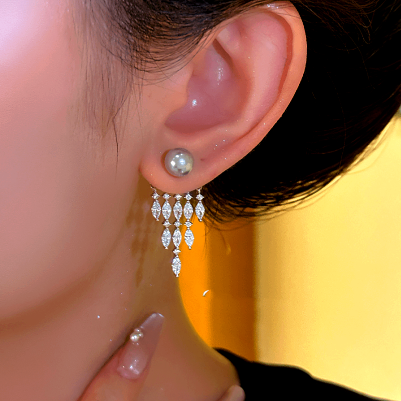 14K Gold-plated Pearl Zircon Tassel Earrings