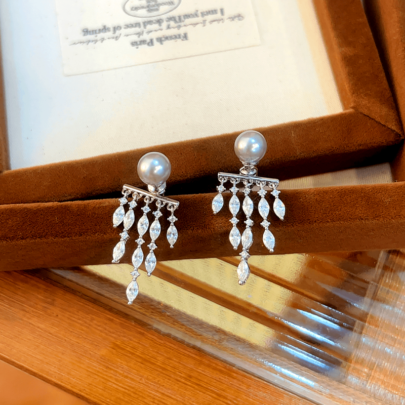 14K Gold-plated Pearl Zircon Tassel Earrings