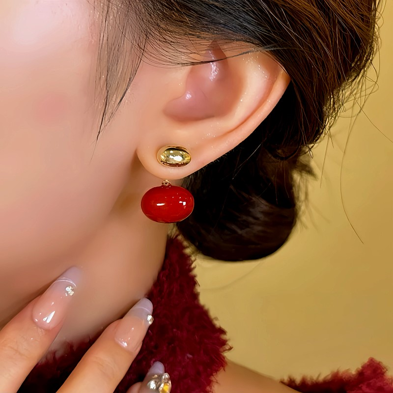 14K Gold-plated Red Enamel Bean Earrings