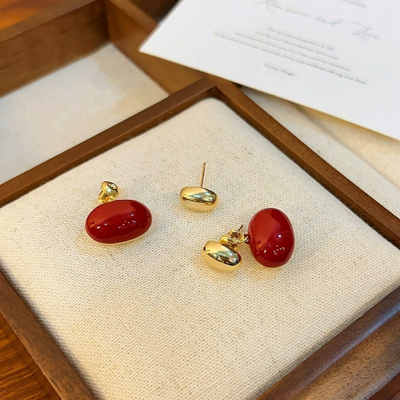 14K Gold-plated Red Enamel Bean Earrings