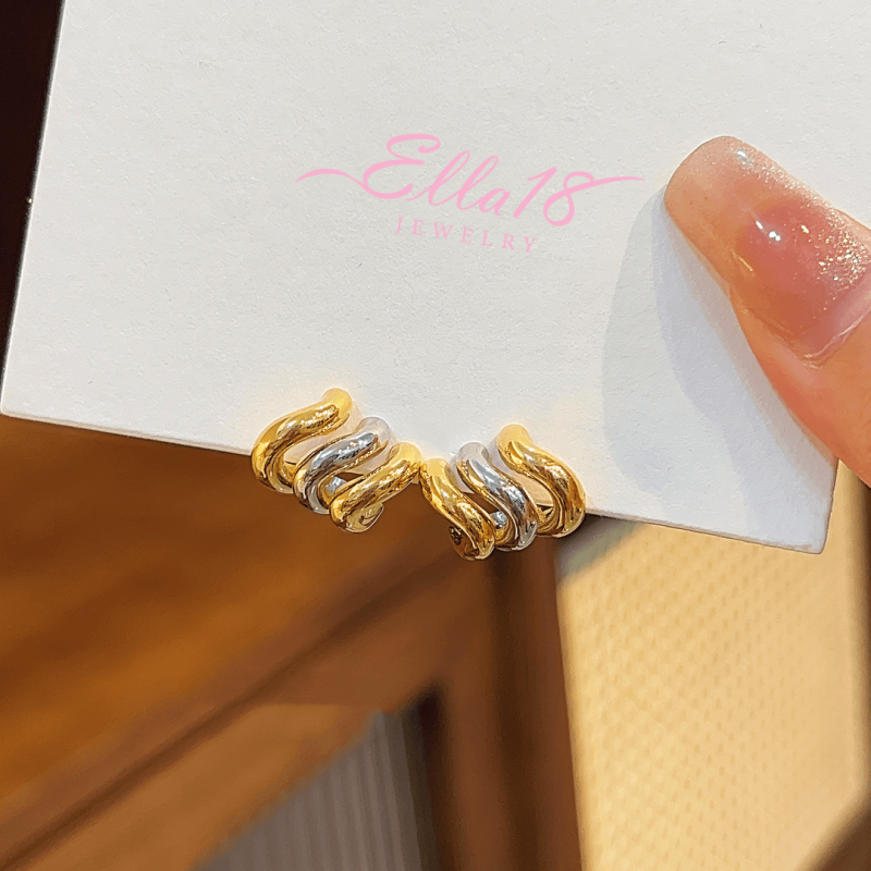 14K Gold-plated Wavy Three-Layer Stud Earrings
