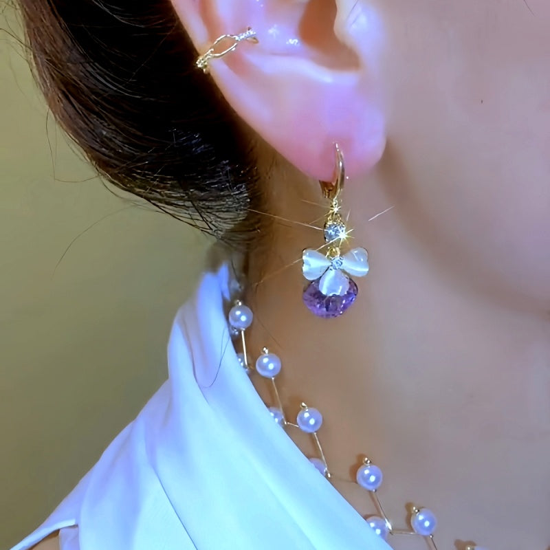 14K Gold-plated Zircon Ball Tassel Bow Earrings