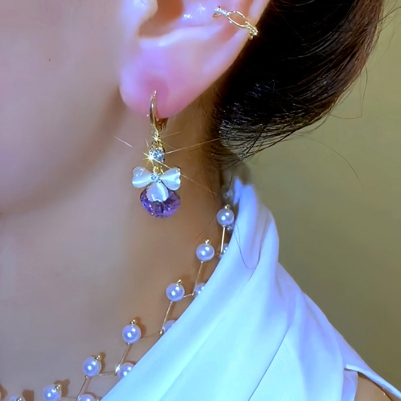 14K Gold-plated Zircon Ball Tassel Bow Earrings