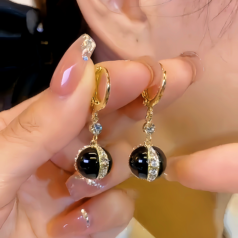 14K Gold-plated Zircon Black Pearl Earrings
