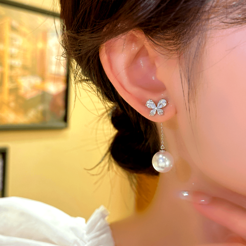 14K Gold-plated Zircon Butterfly And Pearl Earrings