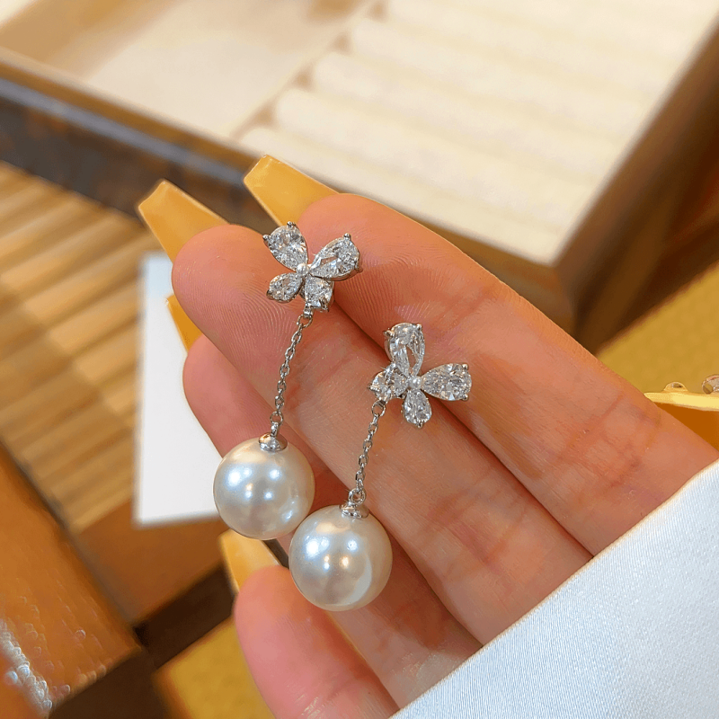 14K Gold-plated Zircon Butterfly And Pearl Earrings