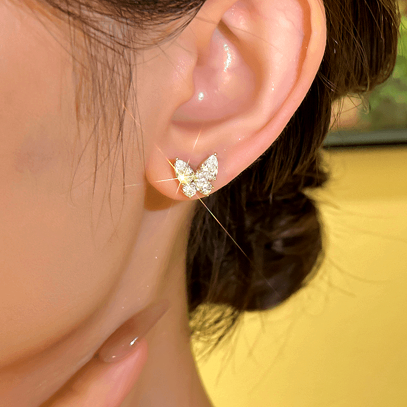 14K Gold-plated Zircon Butterfly Pearl Earrings