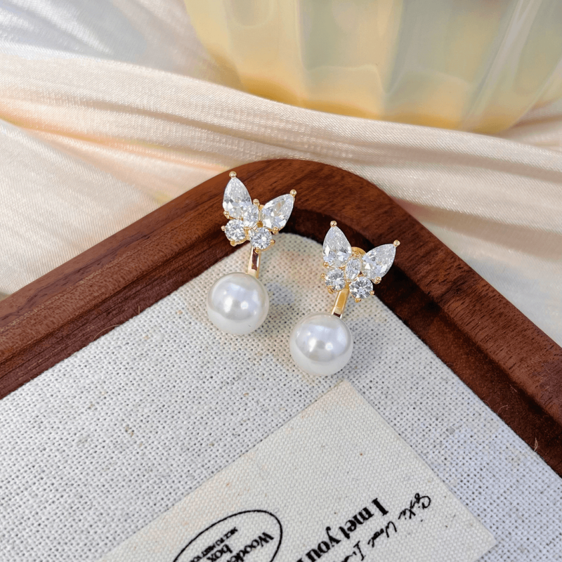 14K Gold-plated Zircon Butterfly Pearl Earrings