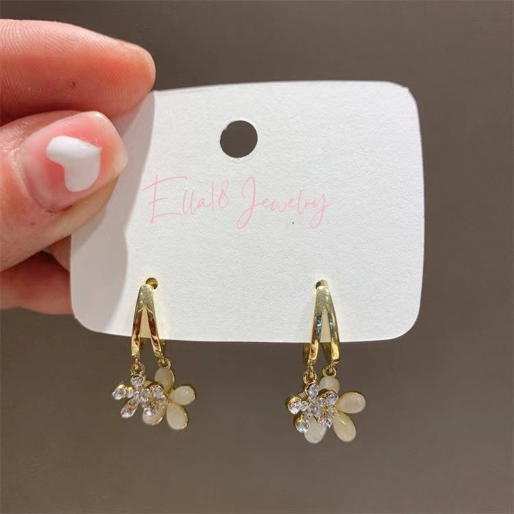 14K Gold-plated Zircon Cat Eye Double Flower Earrings
