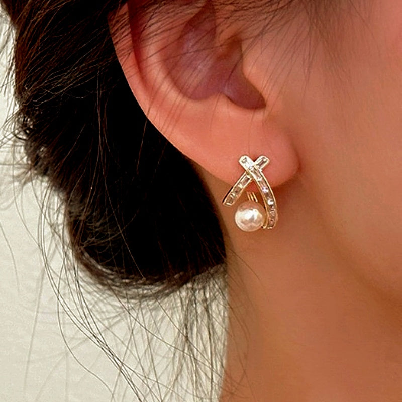 14K Gold-plated Zircon Cross Pearl Earrings