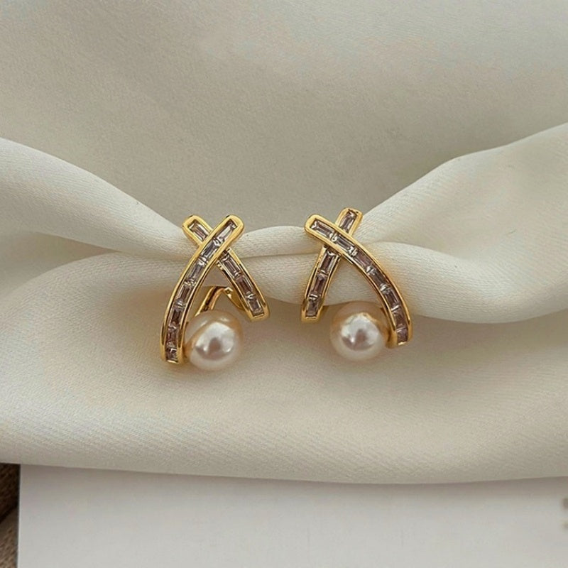 14K Gold-plated Zircon Cross Pearl Earrings