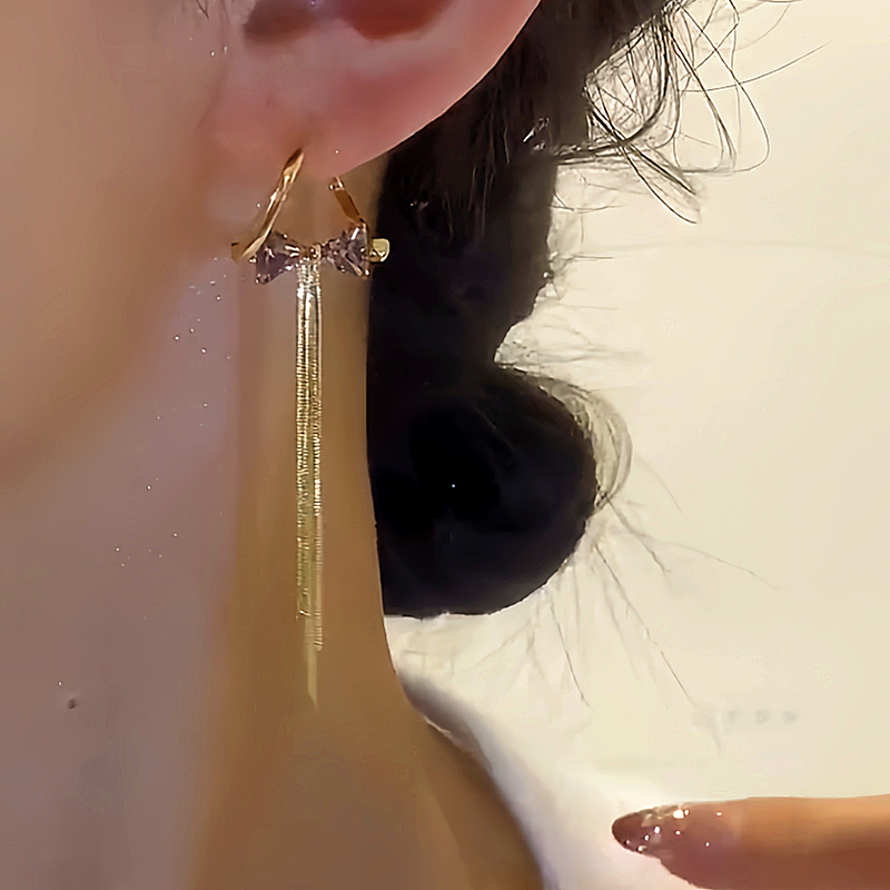 14K Gold-plated Zircon Diamond Bow Tassel Earrings