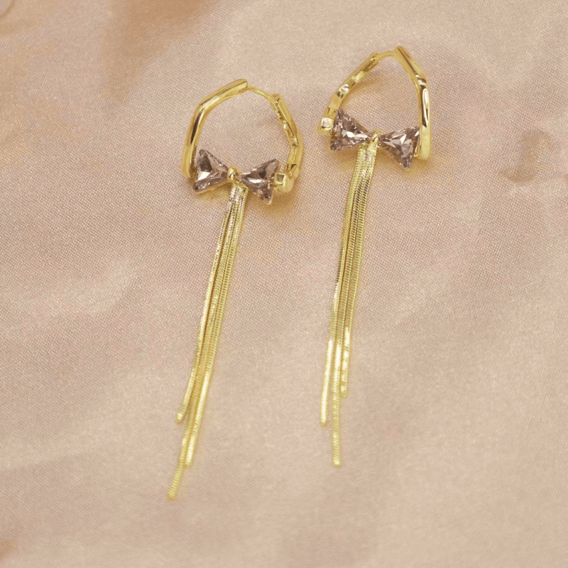 14K Gold-plated Zircon Diamond Bow Tassel Earrings