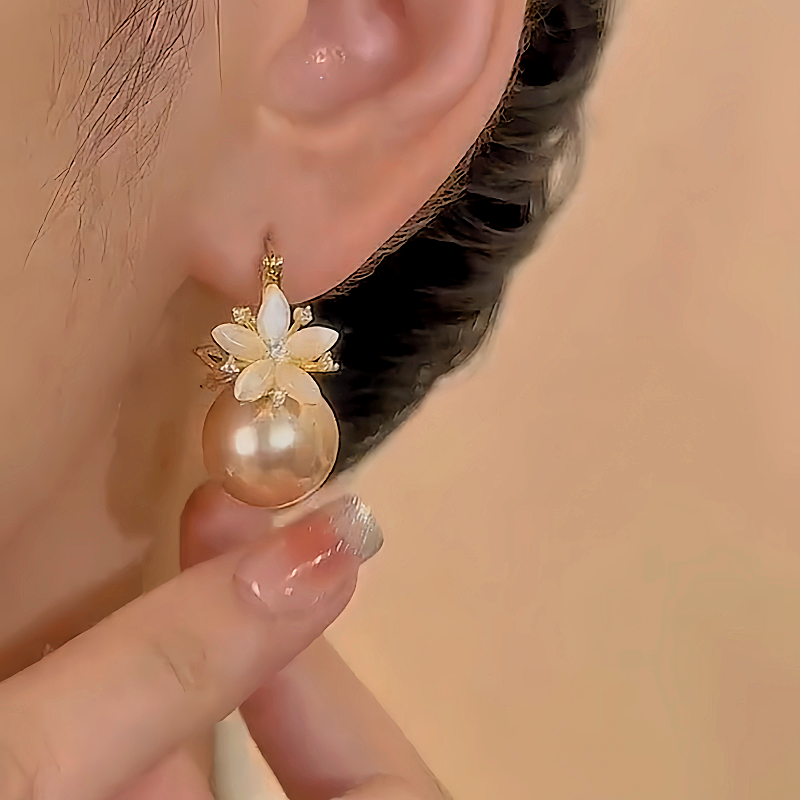 14K Gold-plated Zircon Double-Sided Flower Champagne Pearl Earrings