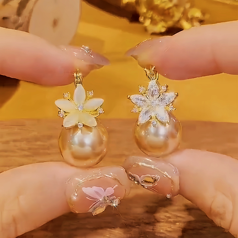 14K Gold-plated Zircon Double-Sided Flower Champagne Pearl Earrings
