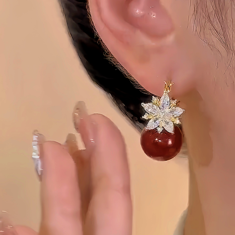 14K Gold-plated Zircon Double-Sided Flower Red Pearl Earrings