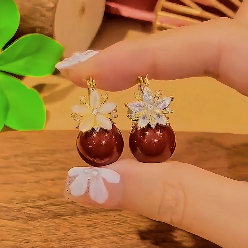 14K Gold-plated Zircon Double-Sided Flower Red Pearl Earrings