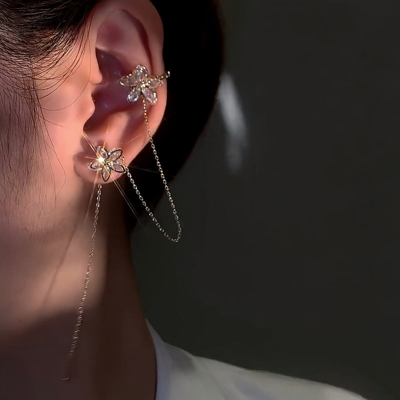 14K Gold-plated Zircon Flower Ear Clip Earrings ( 1 PCS )