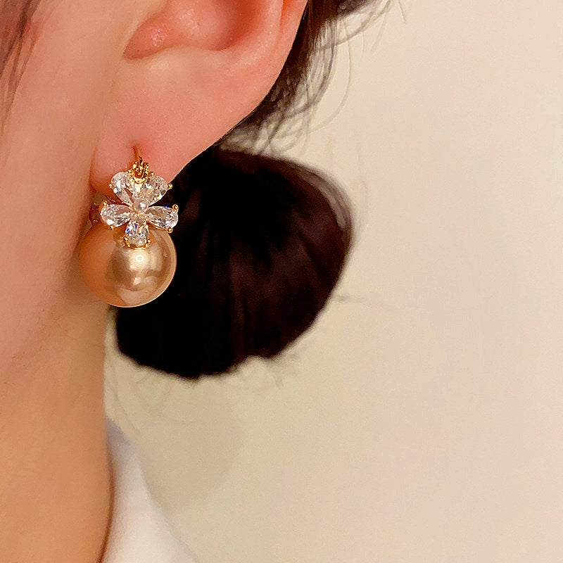 14K Gold-plated Zircon Flower Pearl Earrings