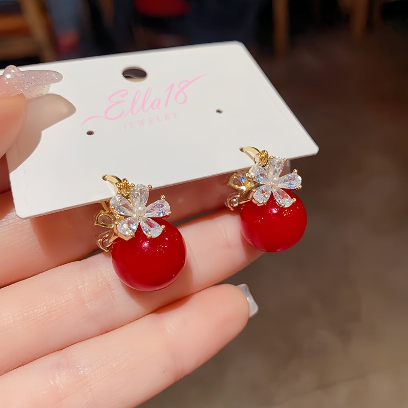 14K Gold-plated Zircon Flower Pearl Earrings