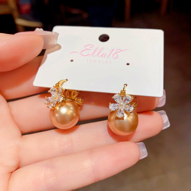 14K Gold-plated Zircon Flower Pearl Earrings