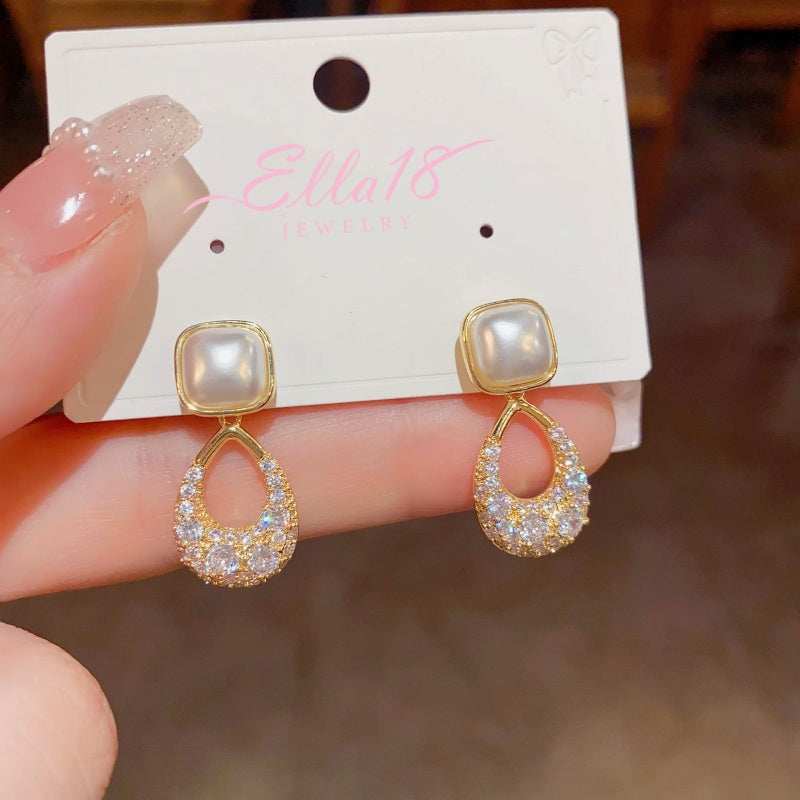 14K Gold-plated Zircon Geometric Pearl Earrings