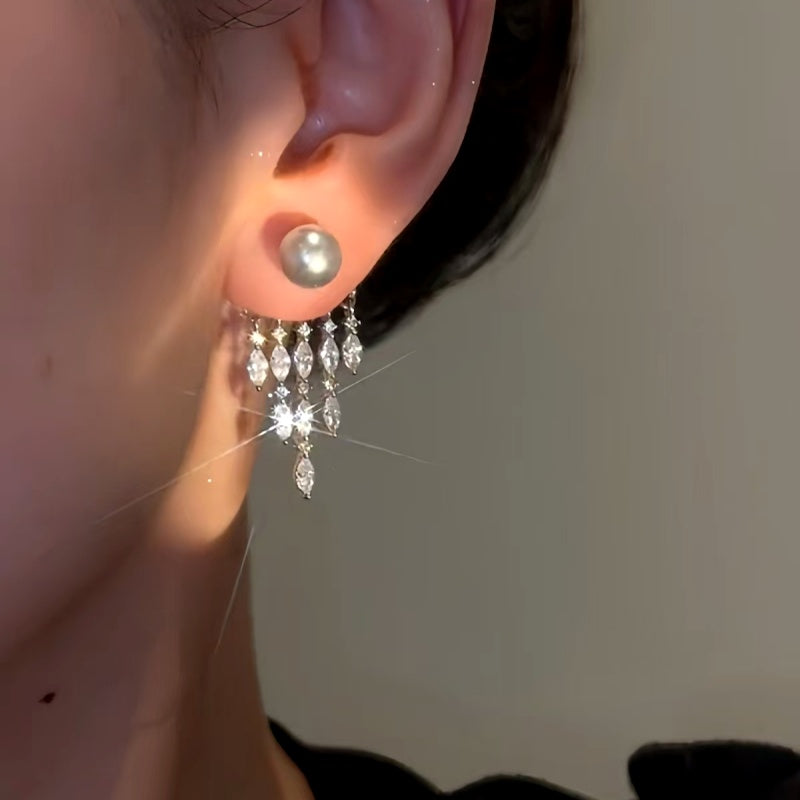 14K Gold-plated Zircon Grey Bead Tassel Earrings