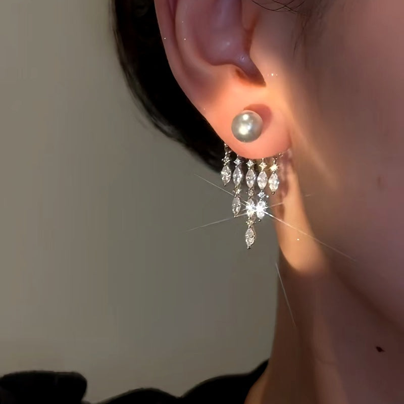14K Gold-plated Zircon Grey Bead Tassel Earrings