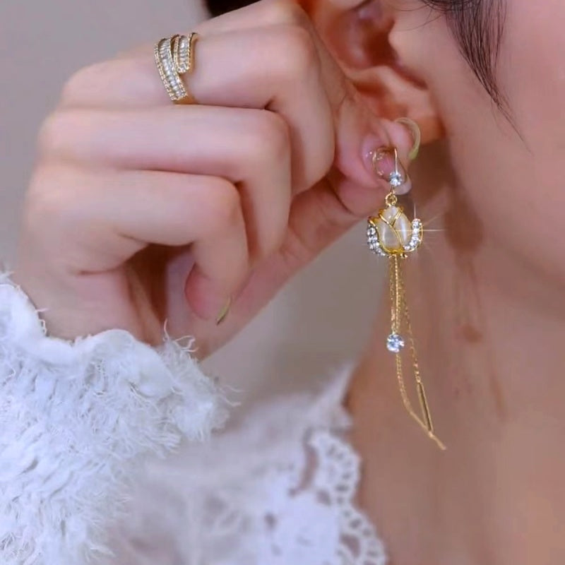 14K Gold-plated Zircon Rose Threader Earrings