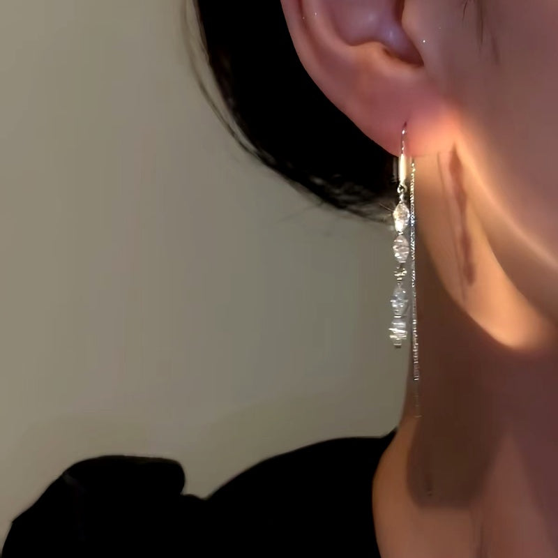 14K Gold-plated Zircon Threader Tassel Earrings