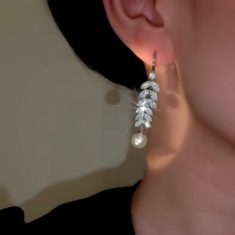 14K Gold-plated Zircon Wheat Pearl Tassel Ear Hook Earrings