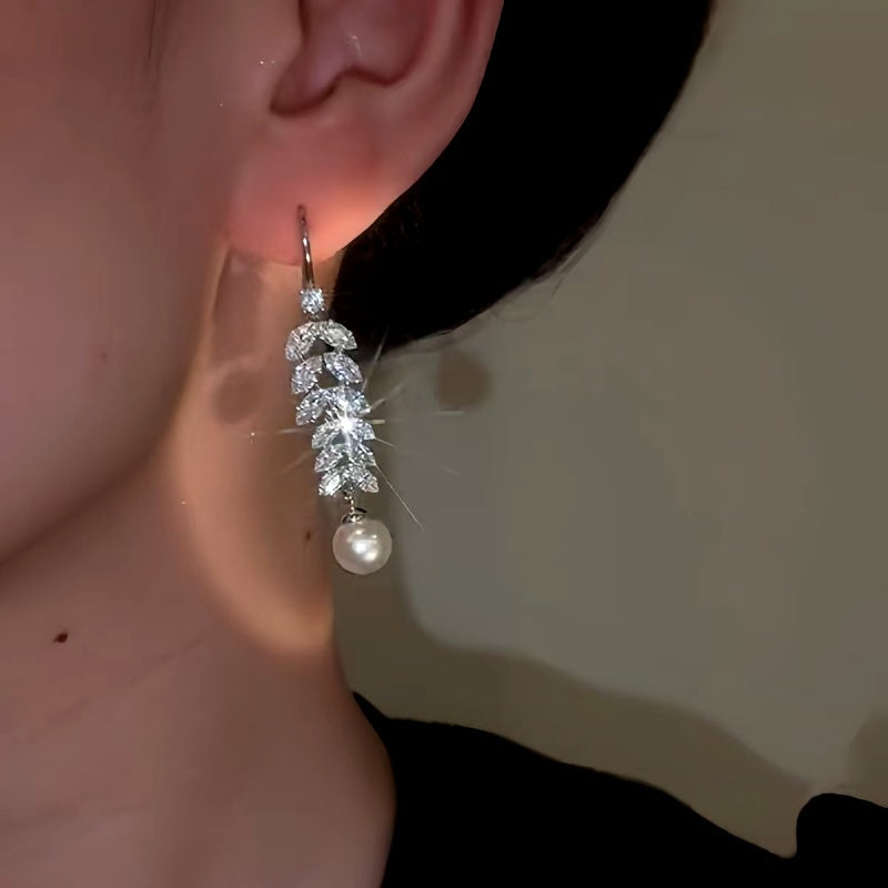 14K Gold-plated Zircon Wheat Pearl Tassel Ear Hook Earrings