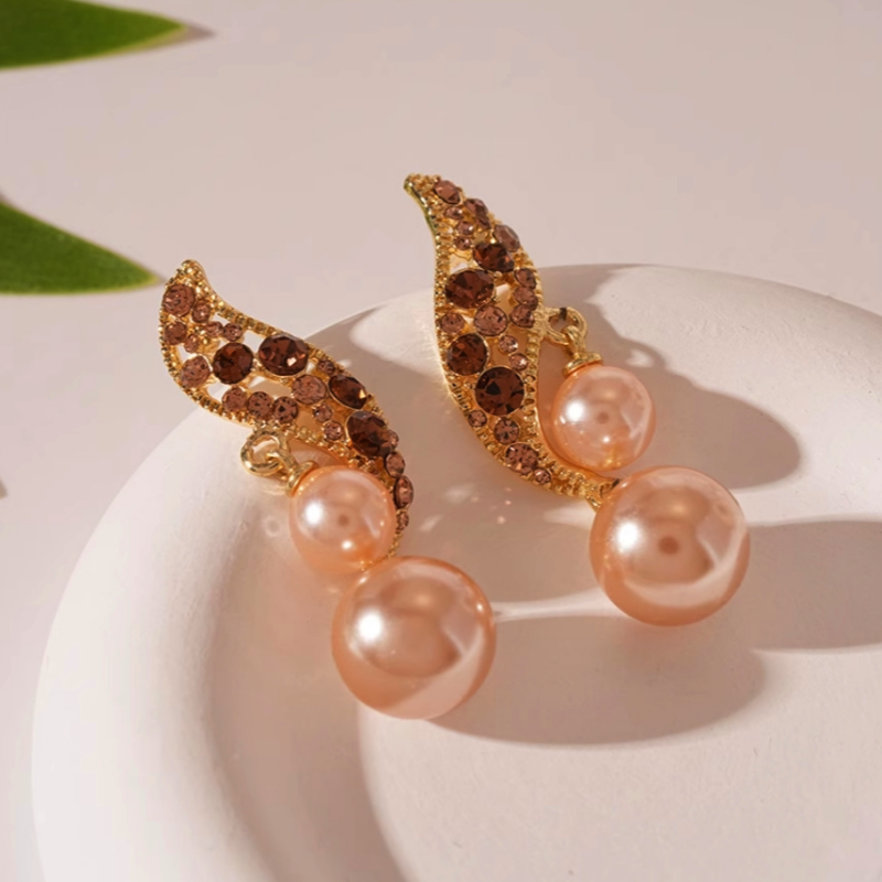 14K Gold Plated Brown Diamond Pearl Earrings
