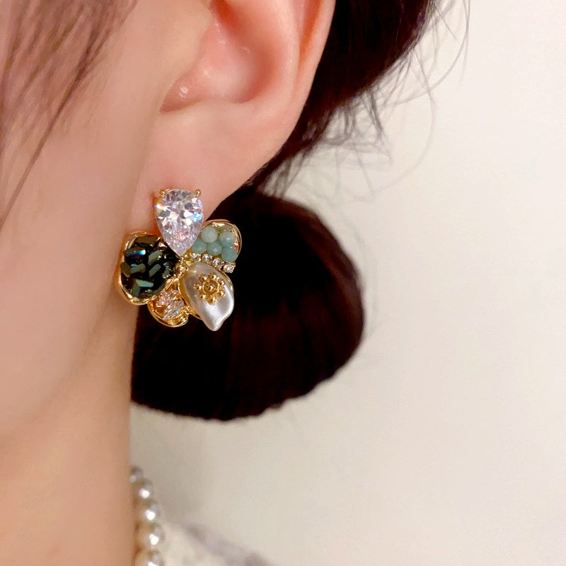 14K Gold Plated Colorful Diamond Flower Earrings