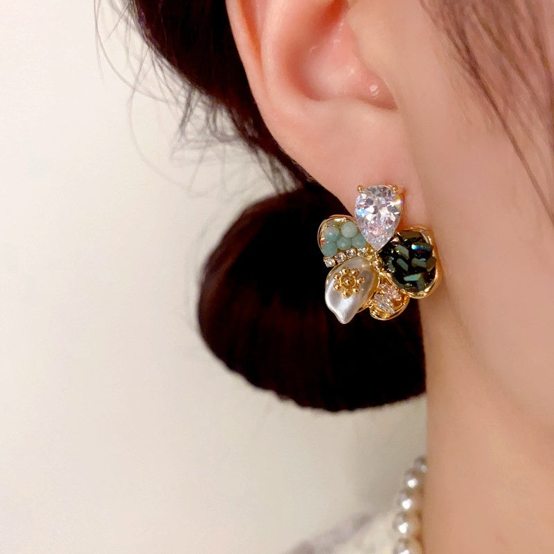 14K Gold Plated Colorful Diamond Flower Earrings