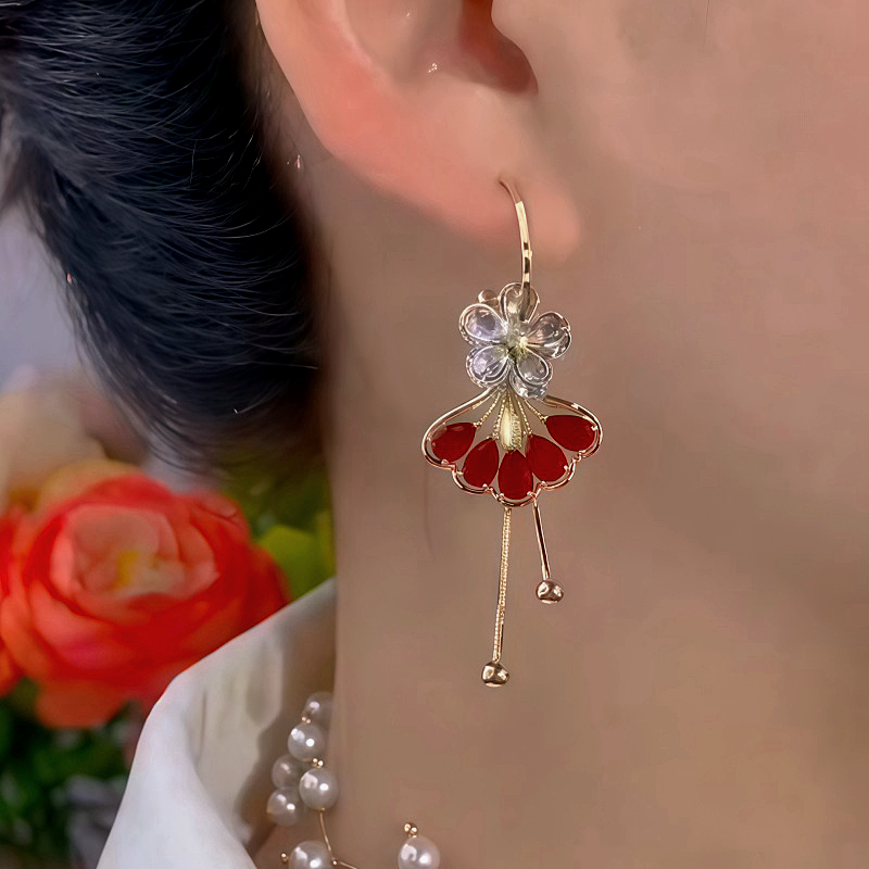 14K Gold Plated Diamond-Studded Ginkgo Flower Earrings