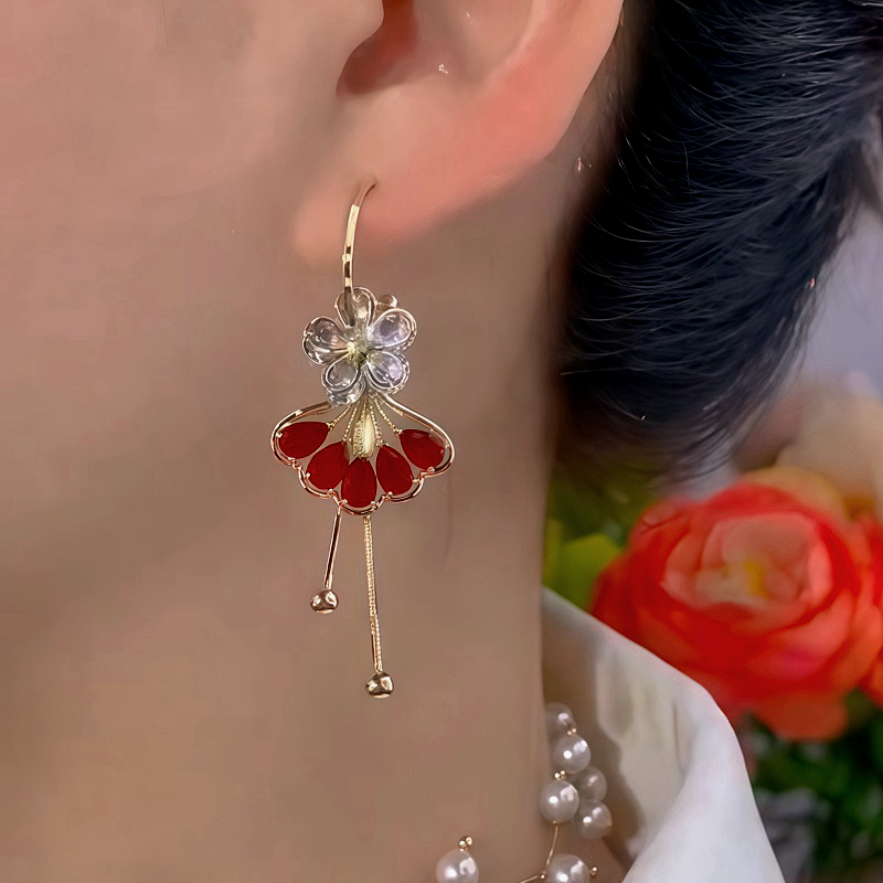 14K Gold Plated Diamond-Studded Ginkgo Flower Earrings