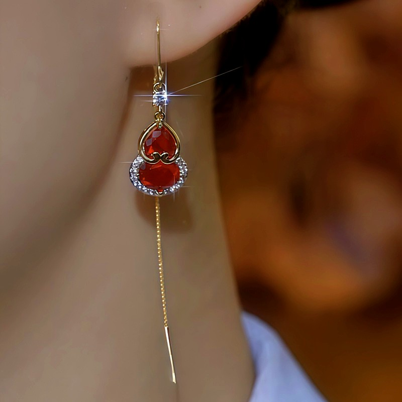 14K Gold Plated Diamond Crystal Gourd Threader Earrings