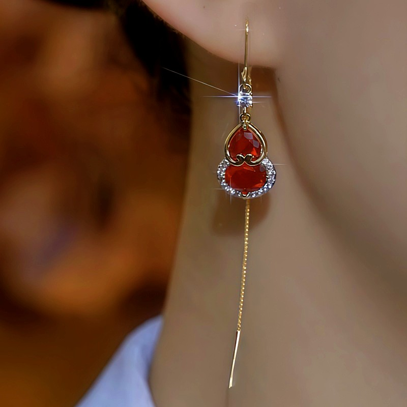 14K Gold Plated Diamond Crystal Gourd Threader Earrings