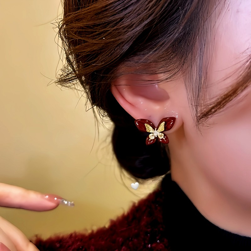 14K Gold Plated Diamond Oil Drop Butterfly Stud Earrings