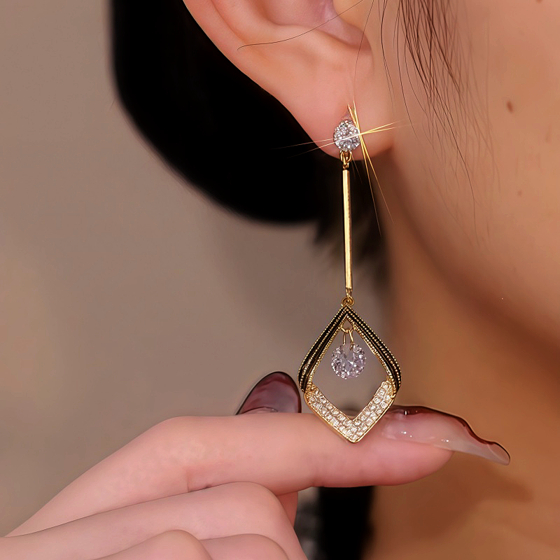 14K Gold Plated Geometric Rhombus Crystal Earrings