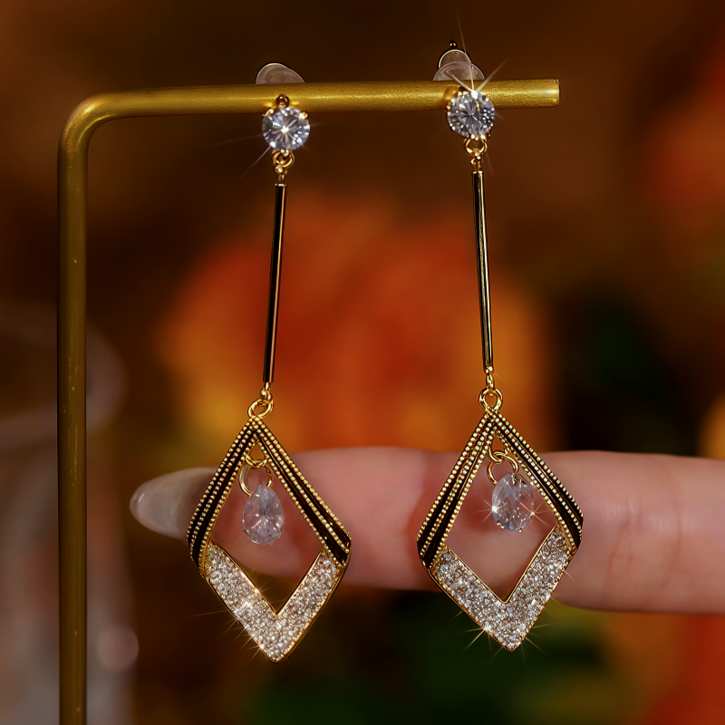 14K Gold Plated Geometric Rhombus Crystal Earrings