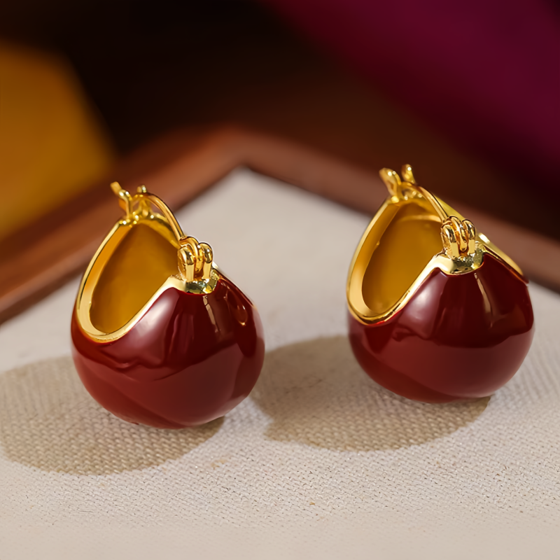 14K Gold Plated Glaze Wine Red Basket Earrings
