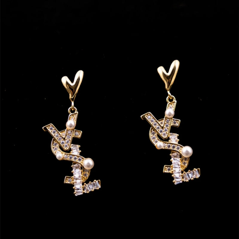 14K Gold Plated Heart Zircon Letter Pearl Earrings