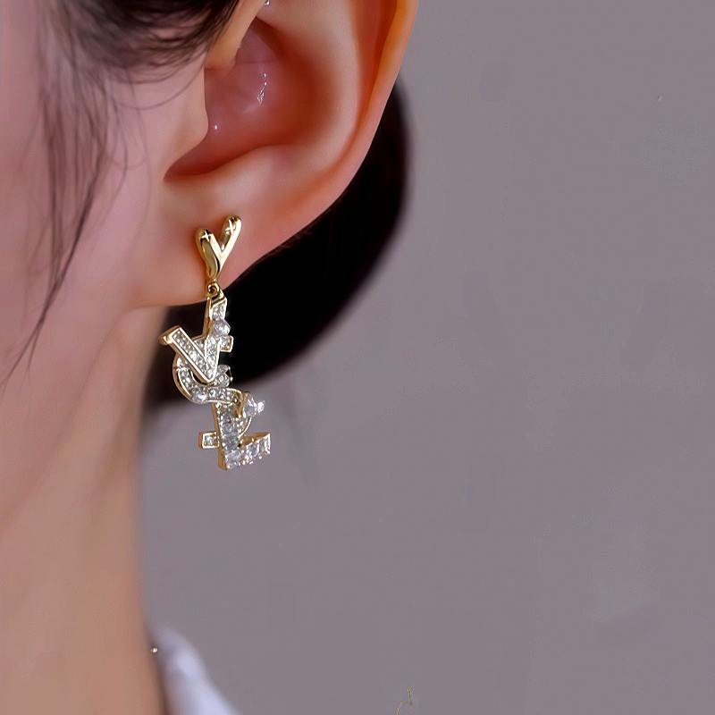 14K Gold Plated Heart Zircon Letter Pearl Earrings